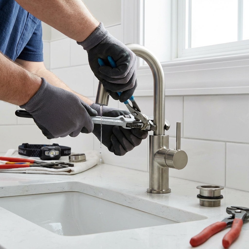 Plumber repairing a faucet in Naperville