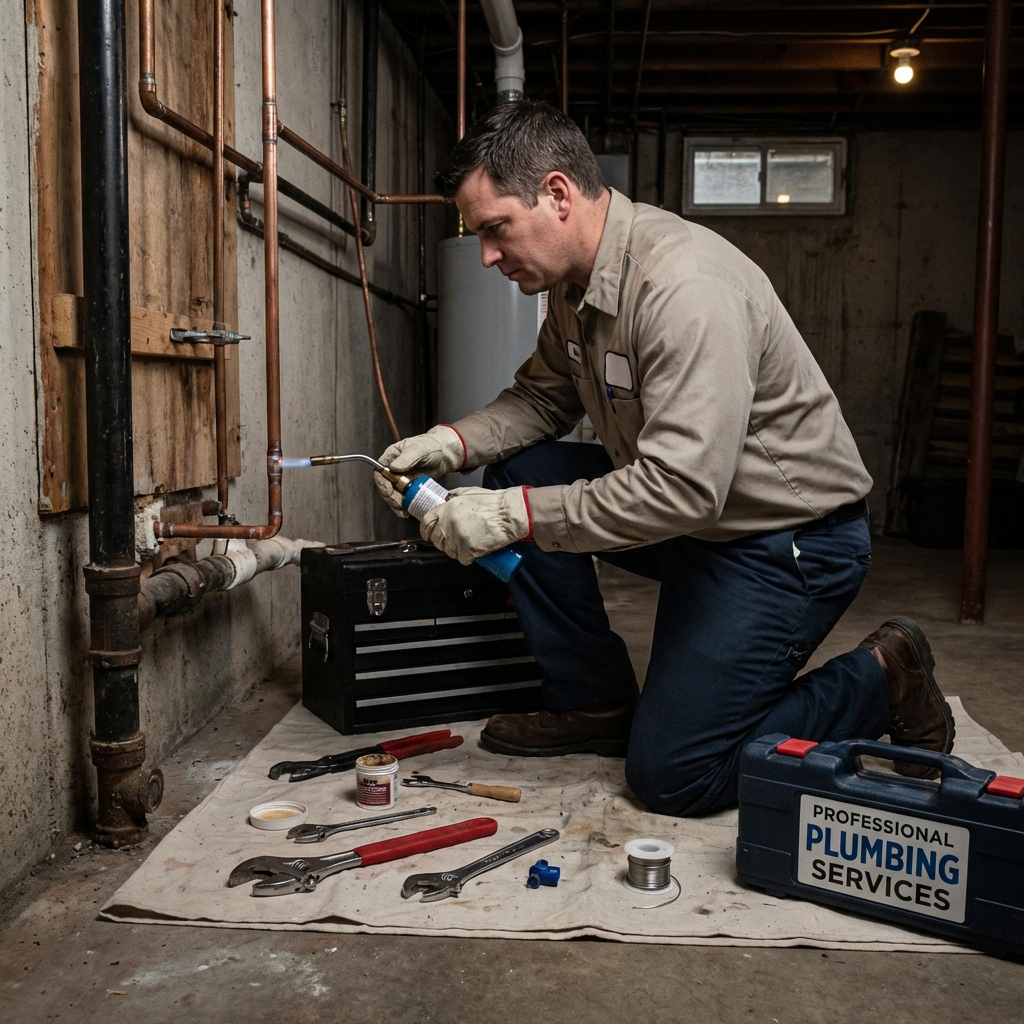 Plumber replacing pipes in a basement