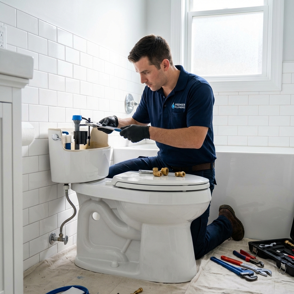 Plumber repairing a toilet tank in Naperville